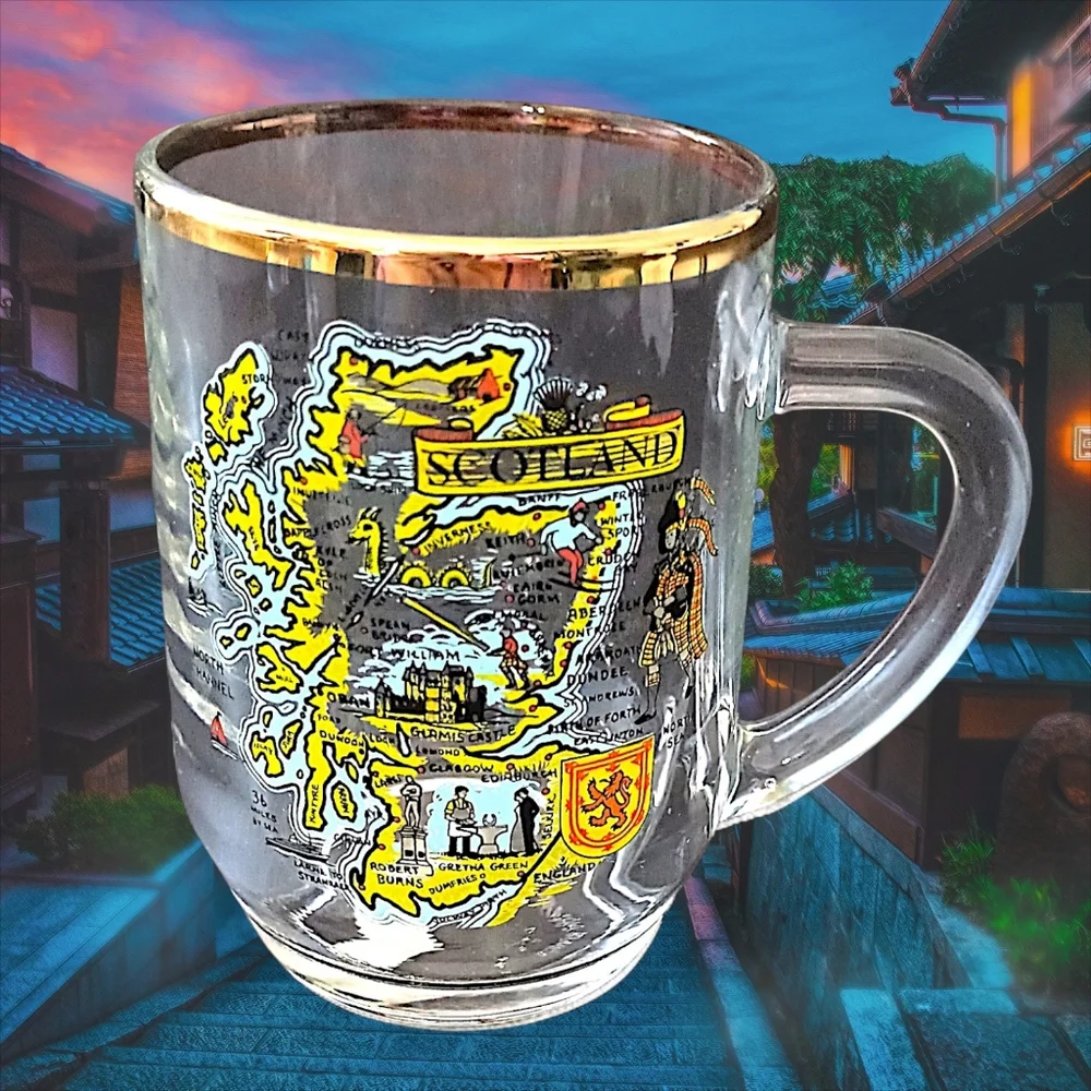 Vtg Scotland Souvenir Glass Mug Cup Gold Trim Transfer Ware‎ Map Highland Arts